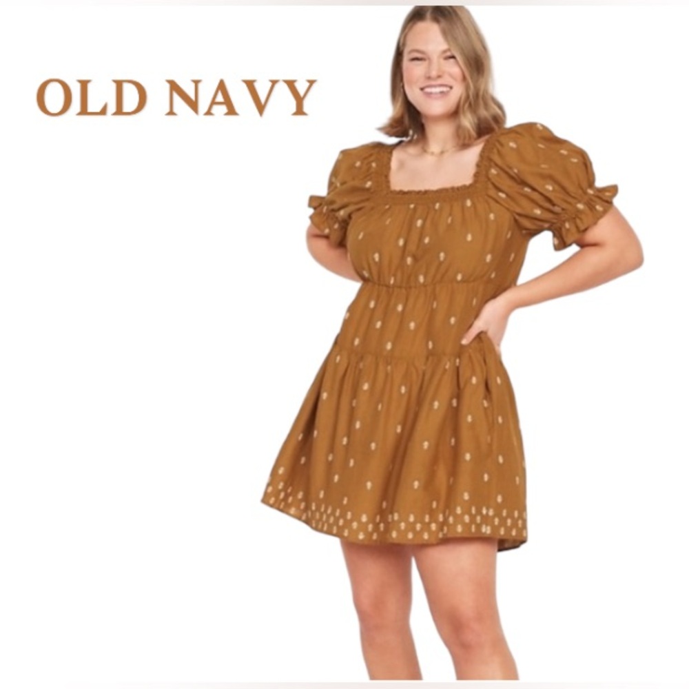4X Old Navy Puff-Sleeve Tiered Smocked Mini Swing Dress in Miner’s Gold BNWT